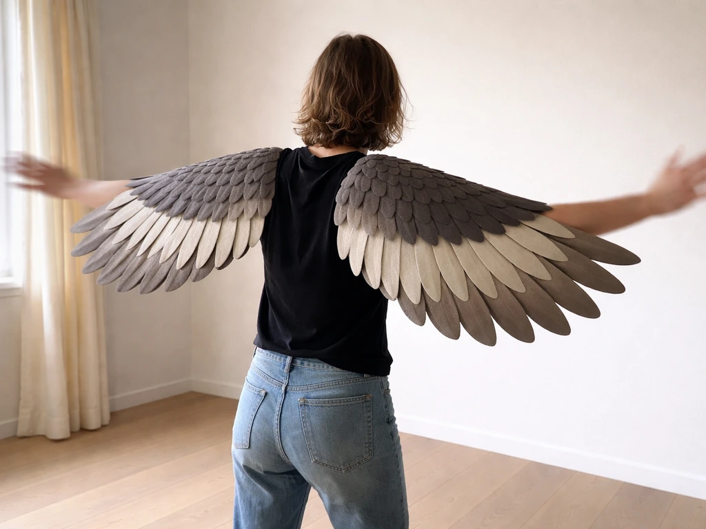Person flapping in an open space wearing simple foam fabric bird wing props