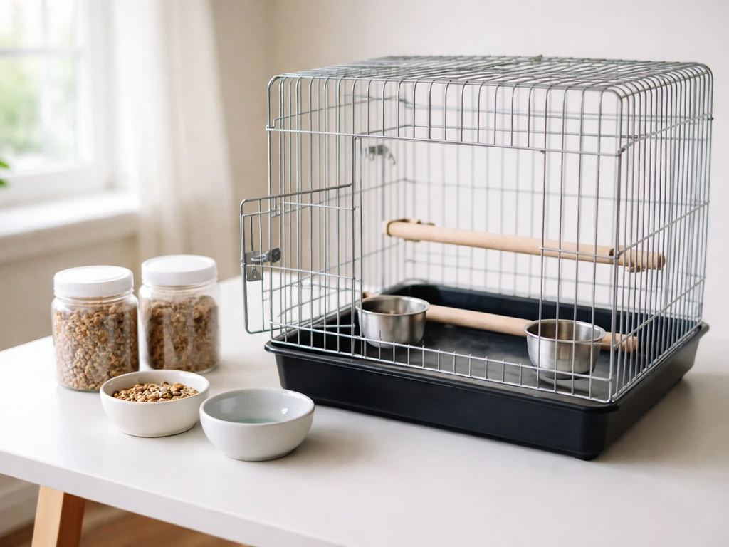 Open birdcage on a clean tabletop with perches and bowls, plus seed and pellet containers for a new bird