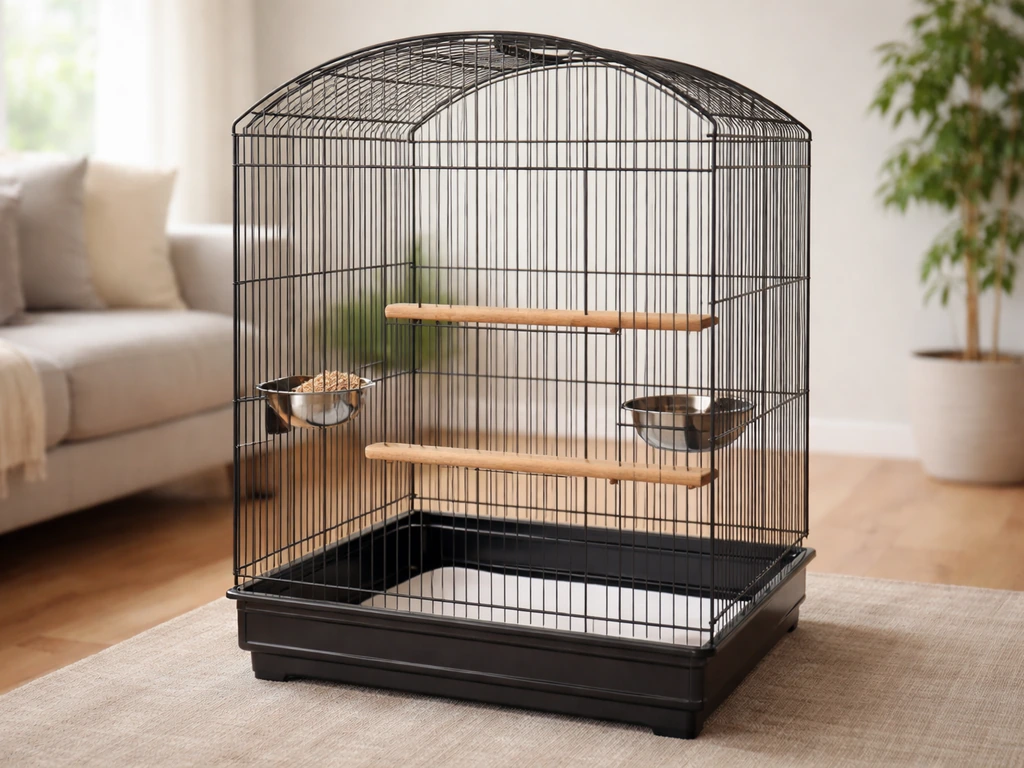 Spacious bird cage in a bright living room, with perches and bowls arranged for proper room to stretch wings.