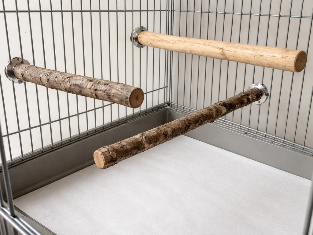 Close-up of a bird cage with multiple natural wood perches and clean liner on the cage bottom.
