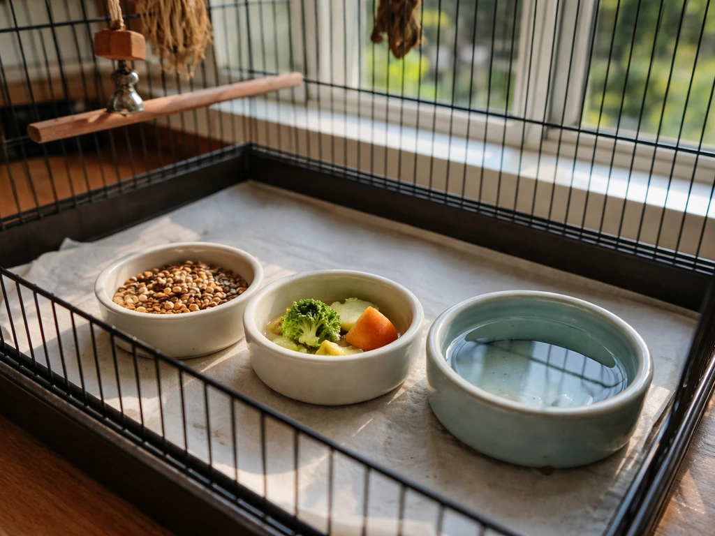 Morning bird cage feeding scene with separate pellets/seed and fresh food dishes plus a clean filled water bowl.