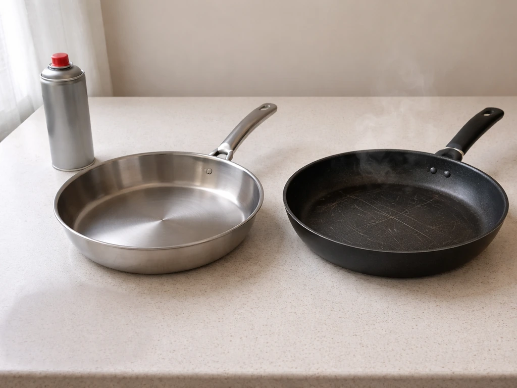 Kitchen items on a counter showing safe cookware and a removed aerosol spray for bird safety.
