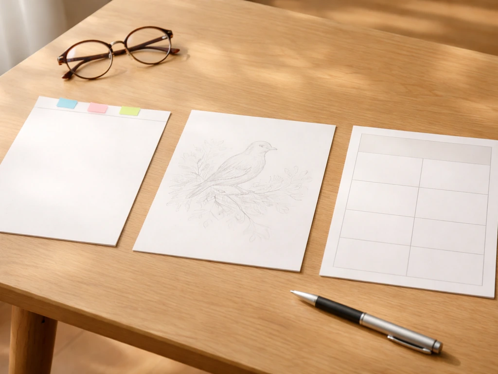 Three blank, color-differentiated paperwork sheets on a small table, suggesting choosing the right bird application.