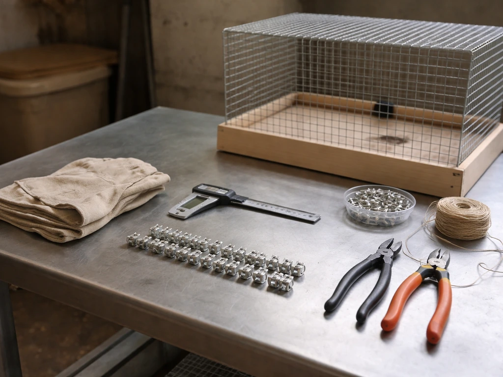 Minimal bird-banding station materials on a table with a prepared closed bird enclosure nearby.