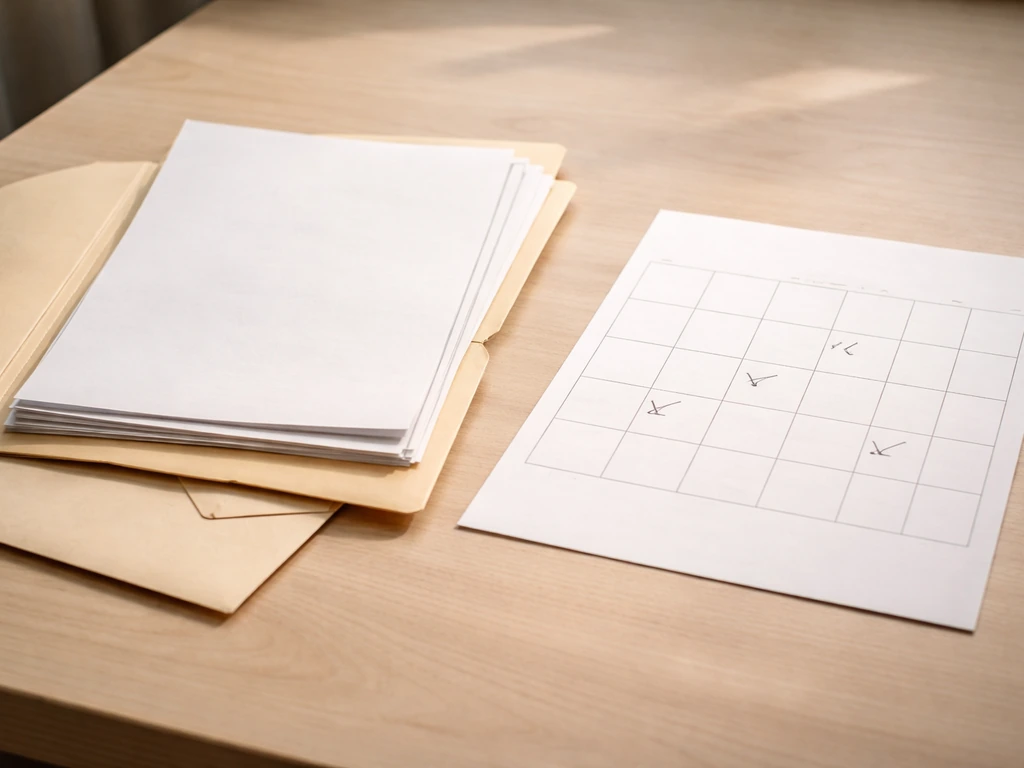 Open manila folder with “submitted” documents and an empty calendar page beside it on a desk
