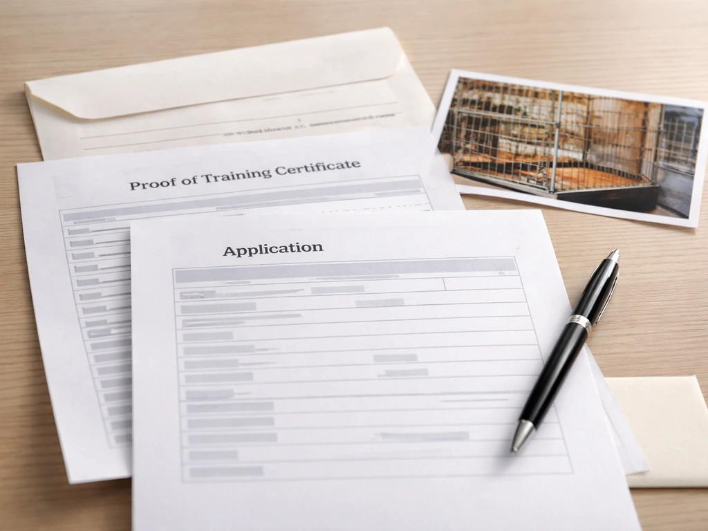 Close-up of neatly arranged bird application documents, including certificate and signed permission letter.
