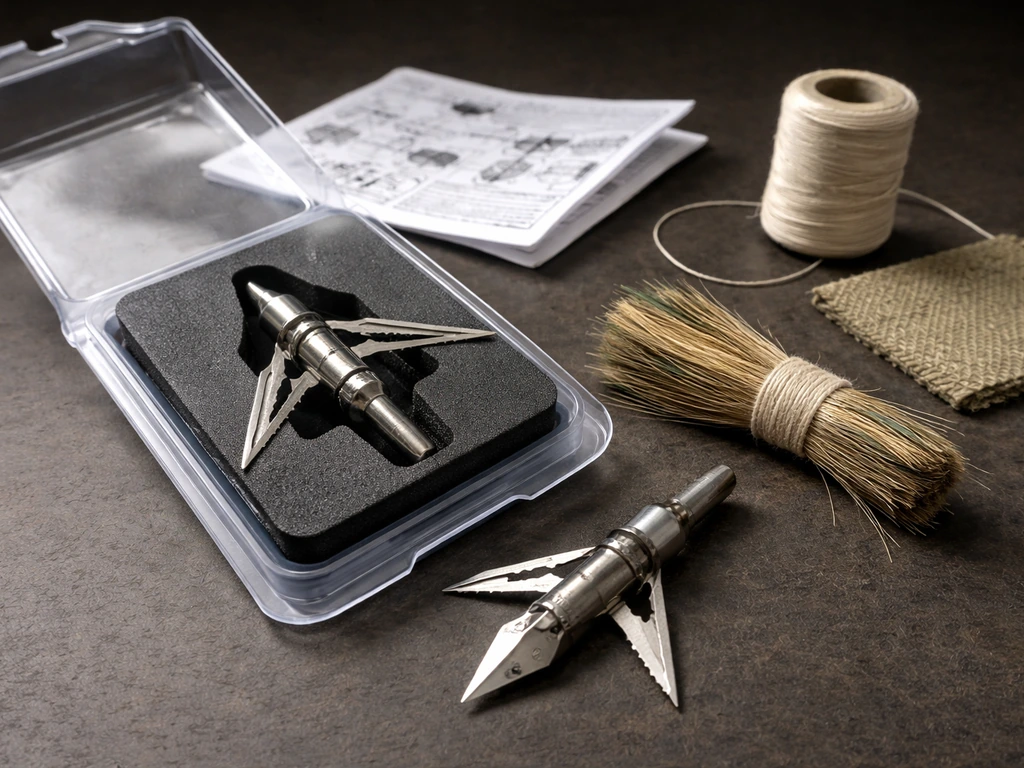 Close-up of bird-hunting arrow tip package, arrow tip head, and matching thread showing how to identify it