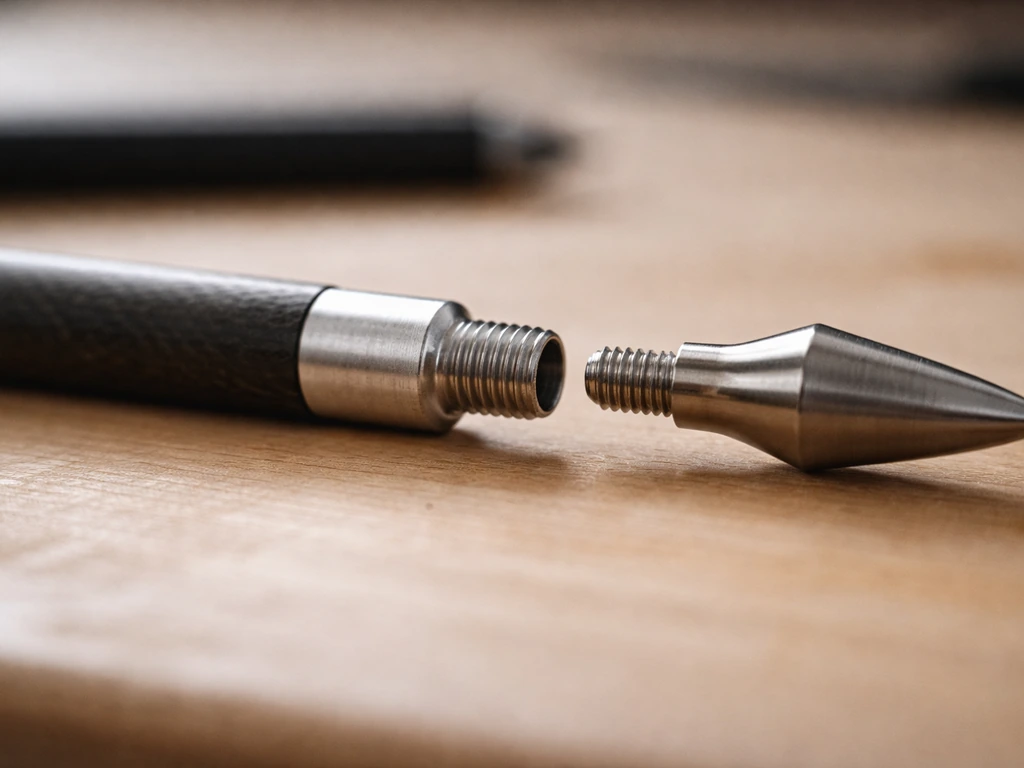Close-up of arrow shaft threads, insert, and tip base aligned for proper seating