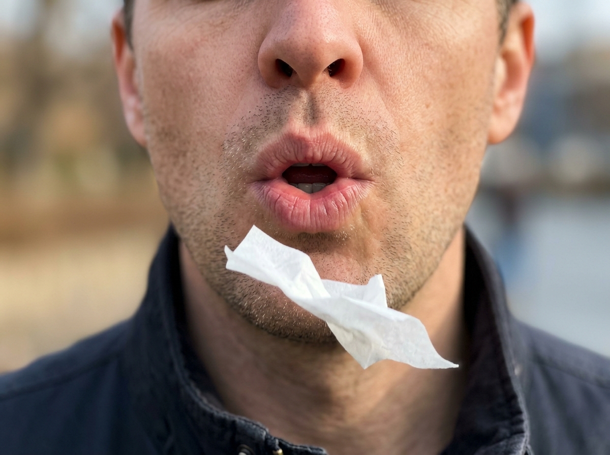 Close-up of puckered lips and tongue shaping pitch and tone for a bird whistle
