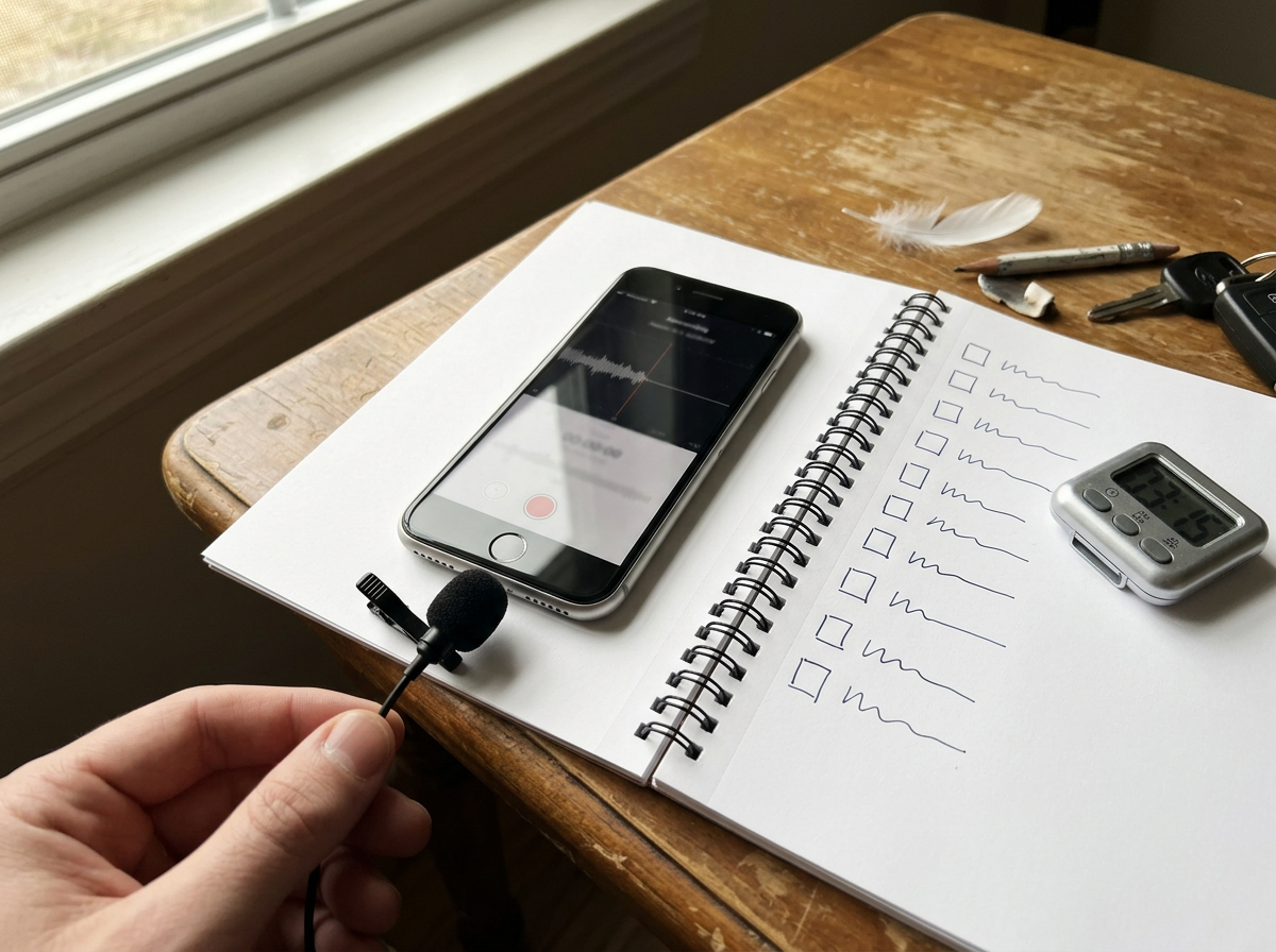 Phone and timer set up to record bird-call practice drills and timing
