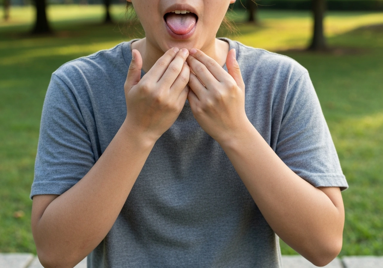 Person with mouth and tongue posture cue practicing a bird-like chirp outdoors near greenery