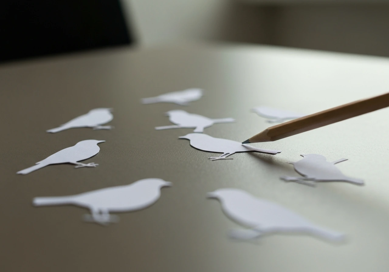 Close-up of cutout bird-silhouette cards on a desk with one highlighted by a pencil, symbolizing choosing a target call.