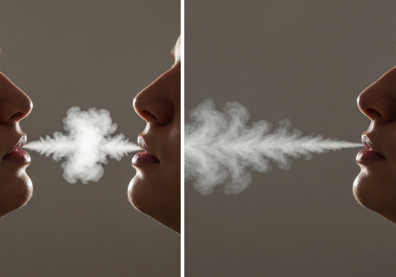 Two adjacent close-up scenes showing a short staccato breath puff versus a longer sustained airflow