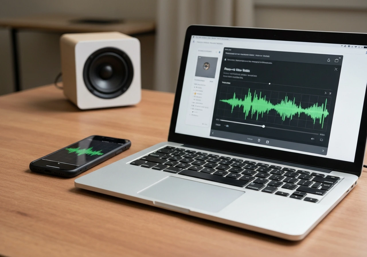 Laptop and phone side-by-side showing waveform views of a recorded audio clip for feedback comparison.