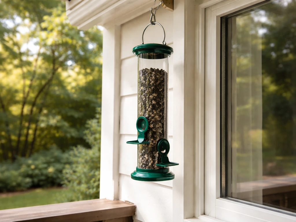 Black-oil sunflower tube feeder hanging near a window, with simple backyard greenery blurred in the background.