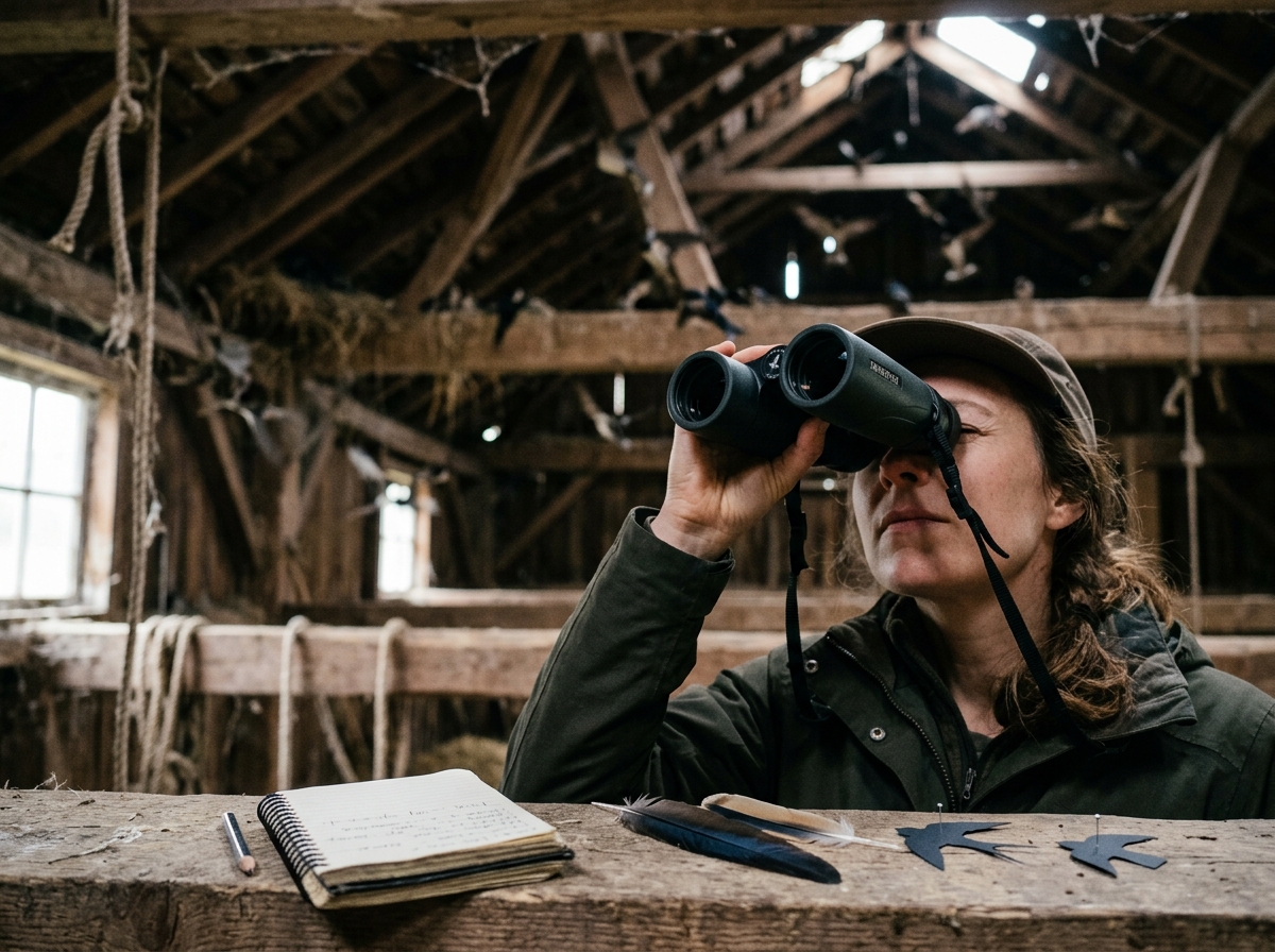 Binoculars and field notes used to identify the correct swallow species to copy