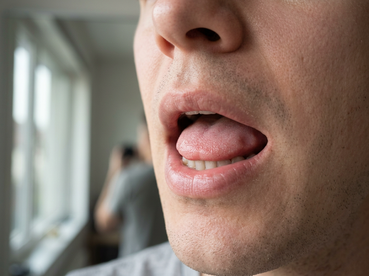 Close-up of mouth and tongue position for the basic swallow contact call