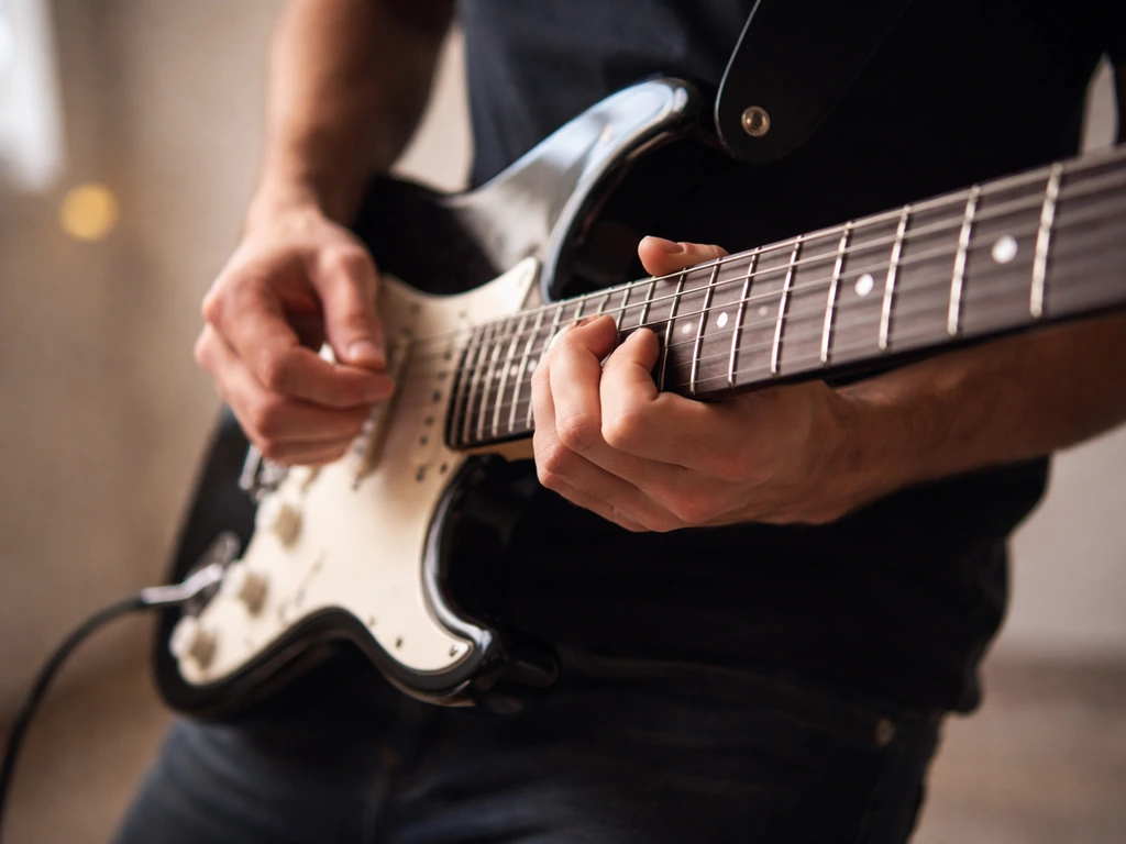 Hands playing an electric guitar mid-riff in a simple studio with natural light and motion blur