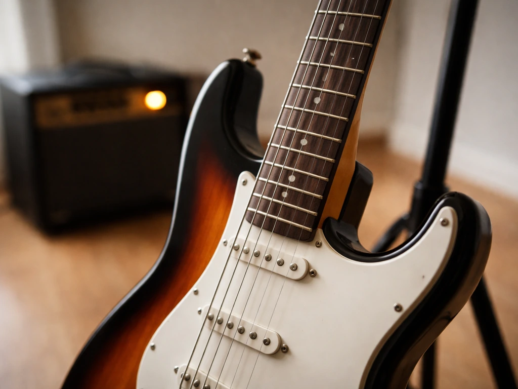 Electric guitar on a stand with standard strings visible and a softly lit amp suggesting bright overdrive tone.
