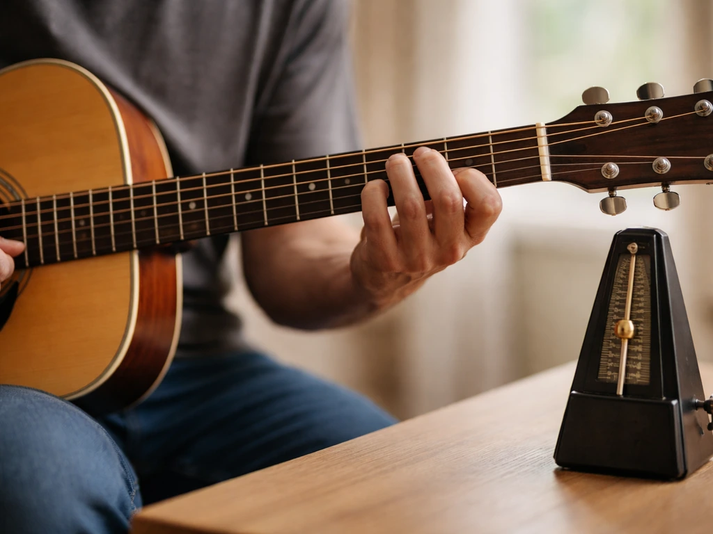 Guitarist hands strumming down with a metronome set to slow tempo during practice in natural light