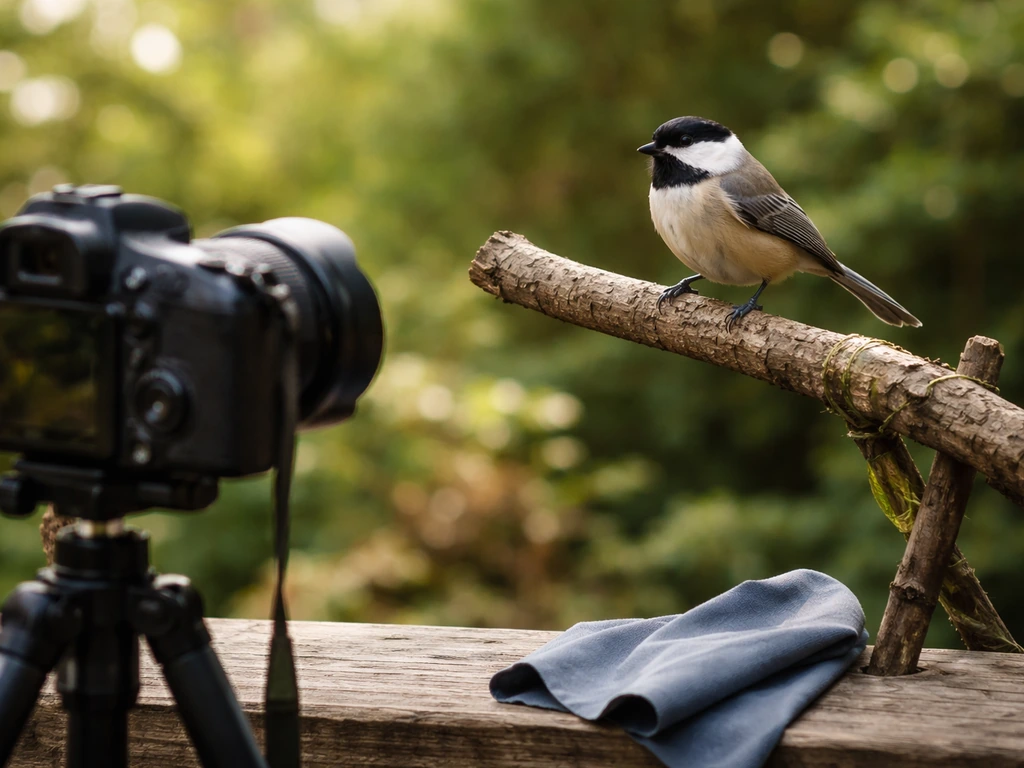 Small bird perched on a natural branch perch with a camera tripod softly blurred in the foreground.