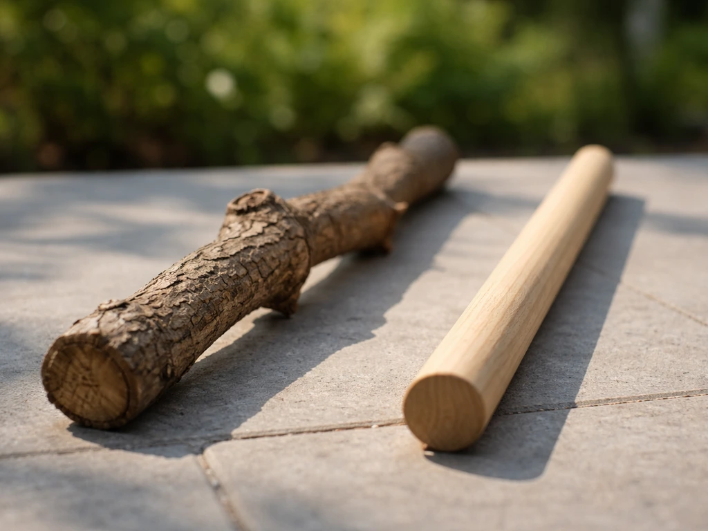 Close photo of a natural dead branch and a smooth dowel perch with no bird, showing texture and shape differences