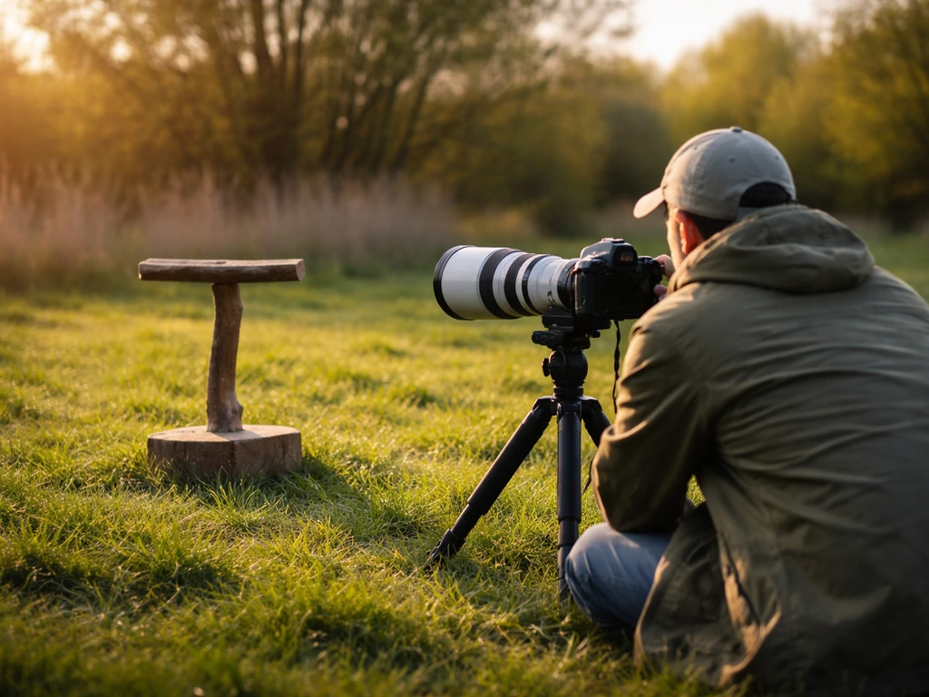 Photographer kneeling beside a simple bird perch, with sunlight coming from the side to avoid harsh shadows.