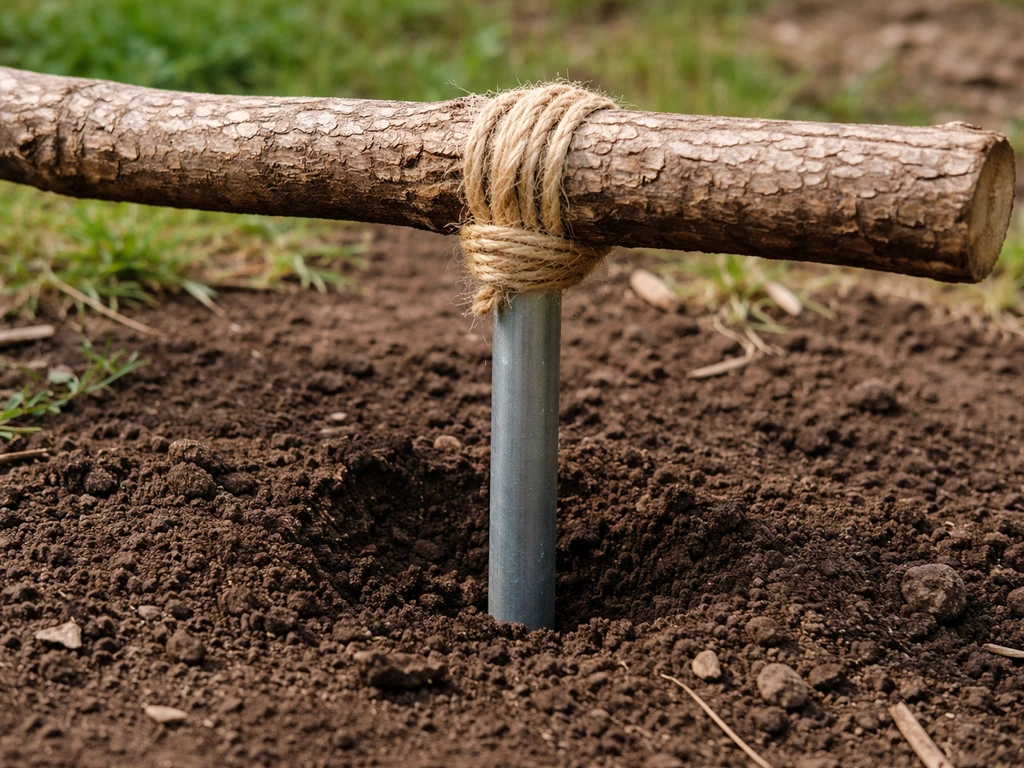 Ground-level wooden branch perch staked into soil, branch tied to metal stake to prevent wobble.
