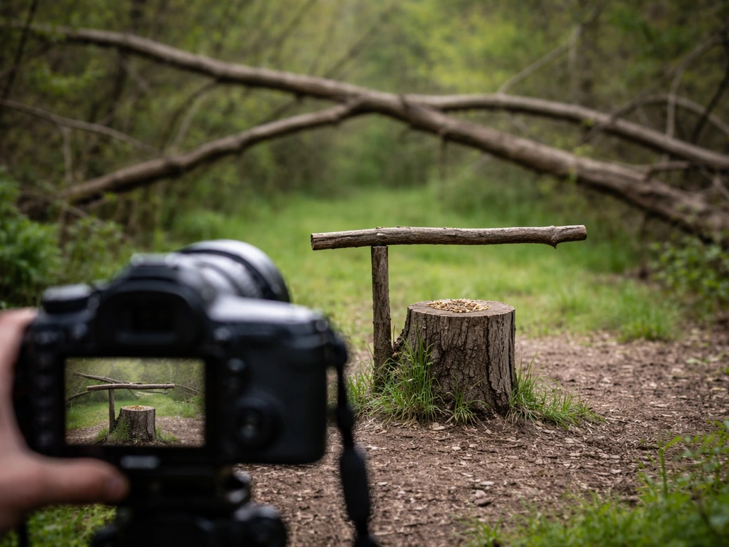Wildlife photographer checks through viewfinder beside a bird perch with a branch crossing the background.