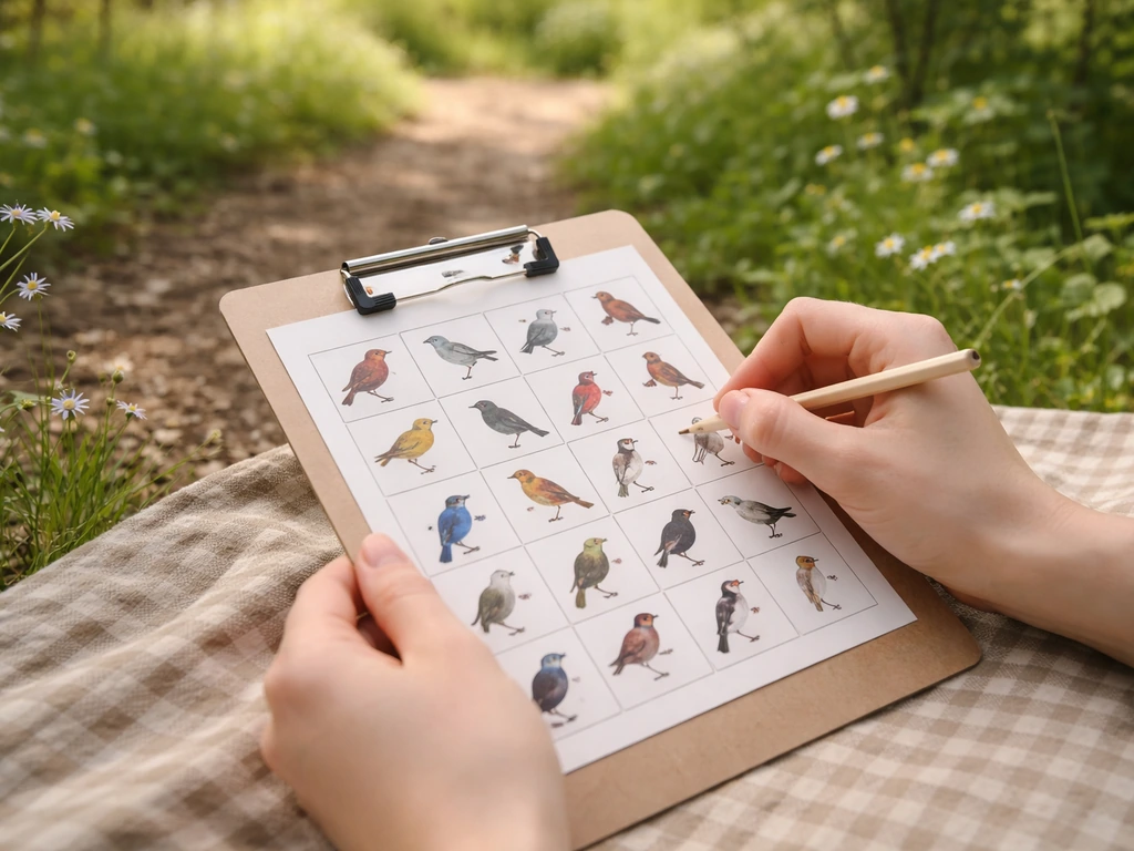 Hands marking a bird bingo card outdoors with trees and wildflowers softly blurred behind.