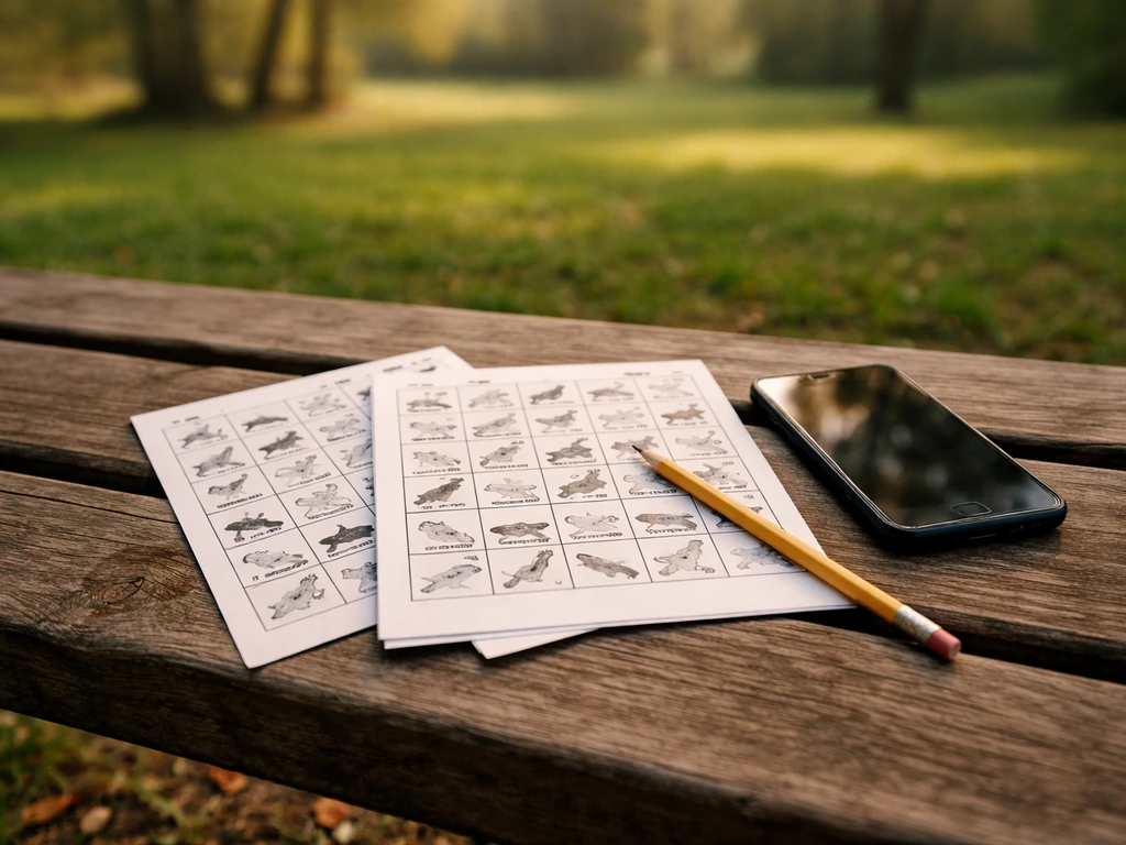 Printed bird bingo cards on a park bench with pencil and smartphone for identifying birds