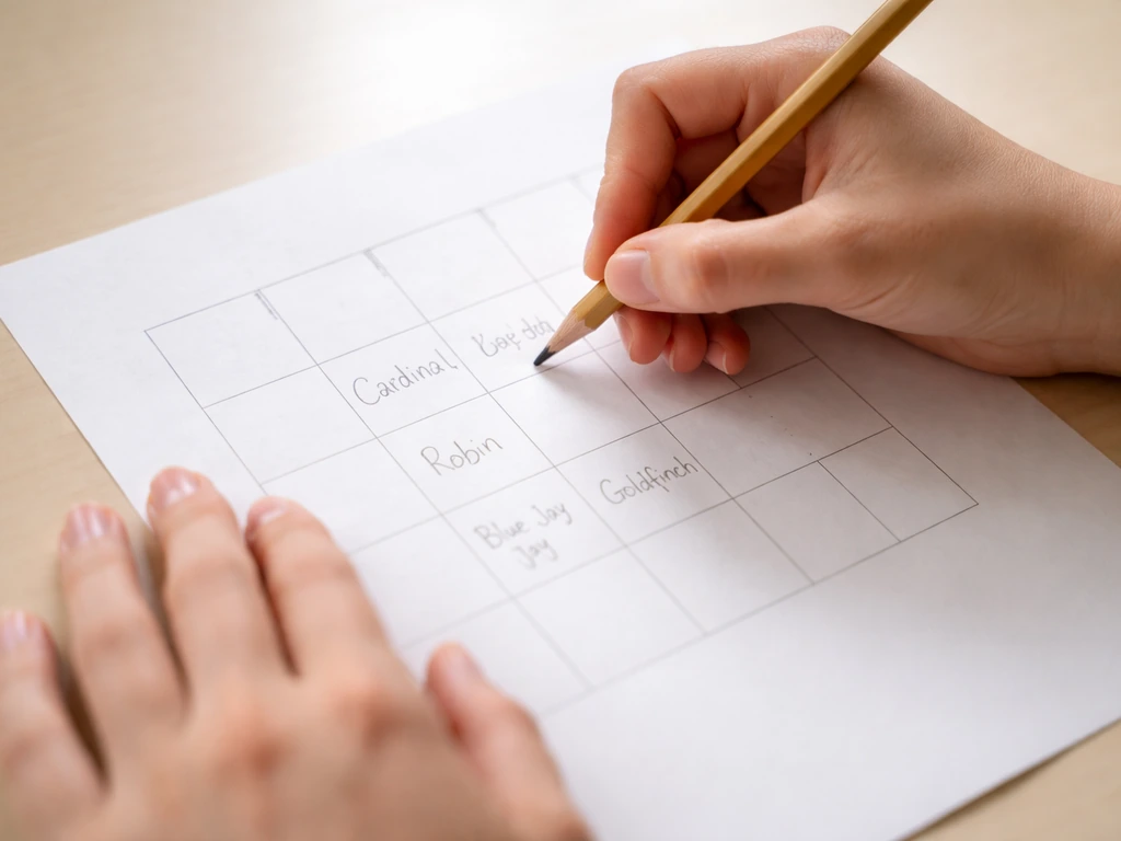 Hands pencil in a bird bingo grid on blank paper, writing names in the square boxes.