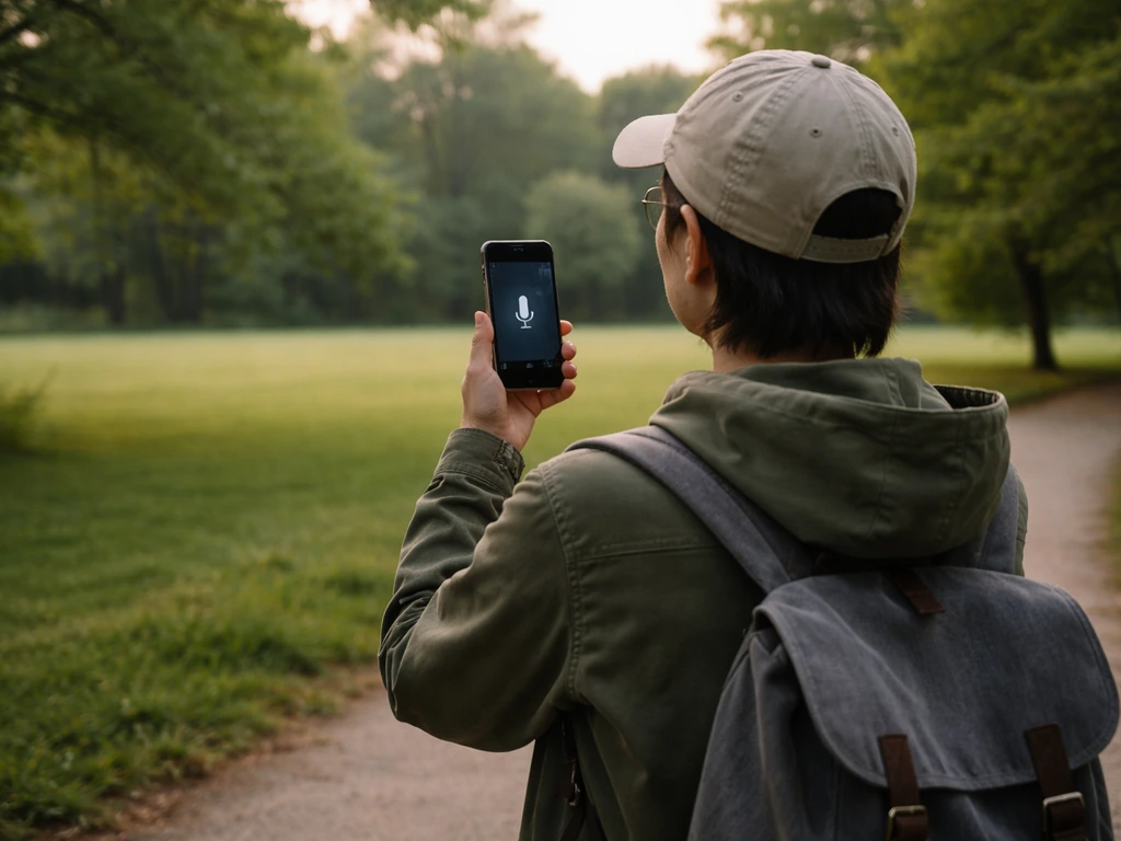 Person outdoors holding a smartphone with a microphone icon to identify bird sounds