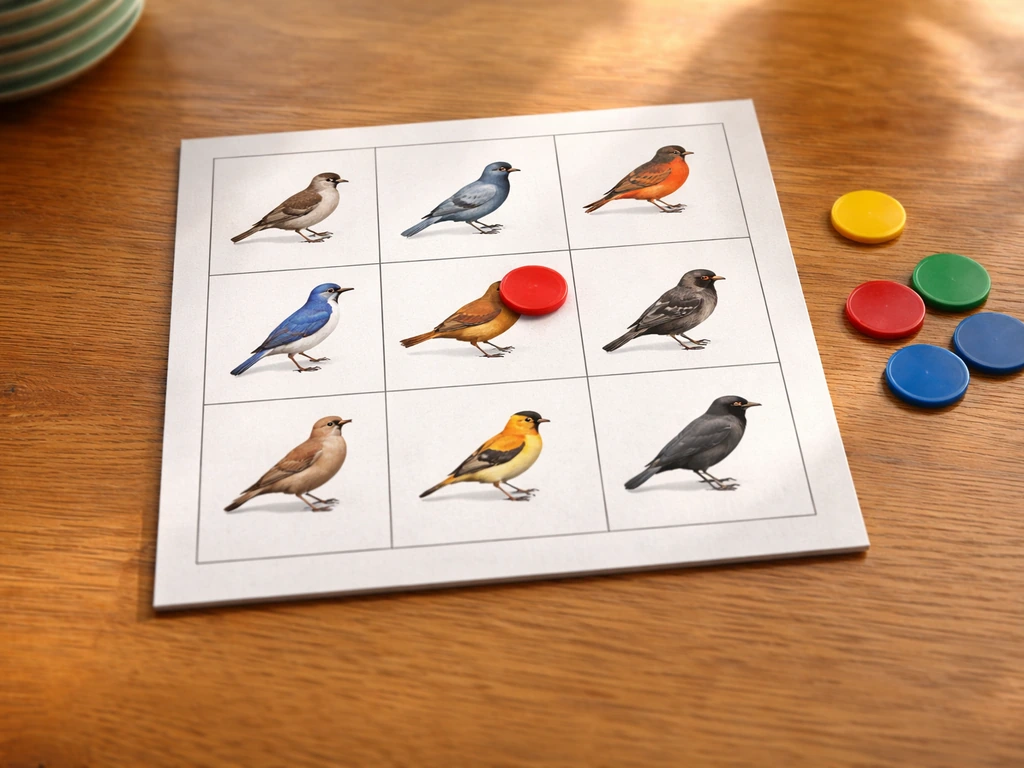 Minimal 3x3 Bird Bingo card with common bird icons and a few bingo markers on a wooden table