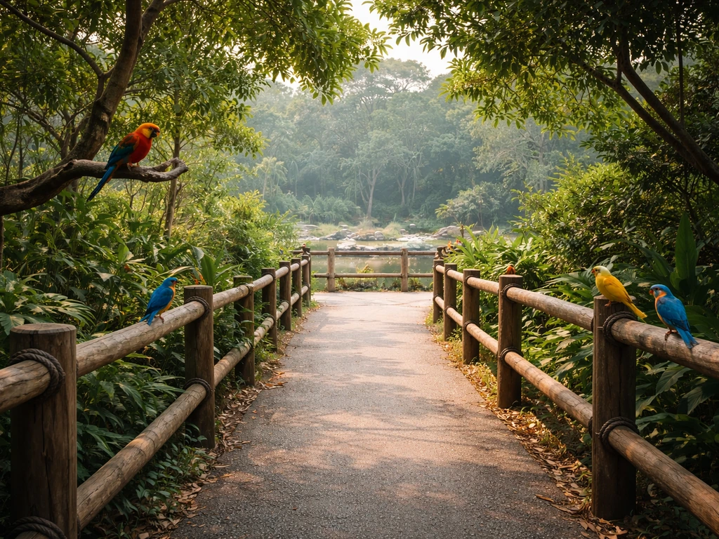 Wide view of a bird park trail with greenery and a few colorful birds near a viewing area.