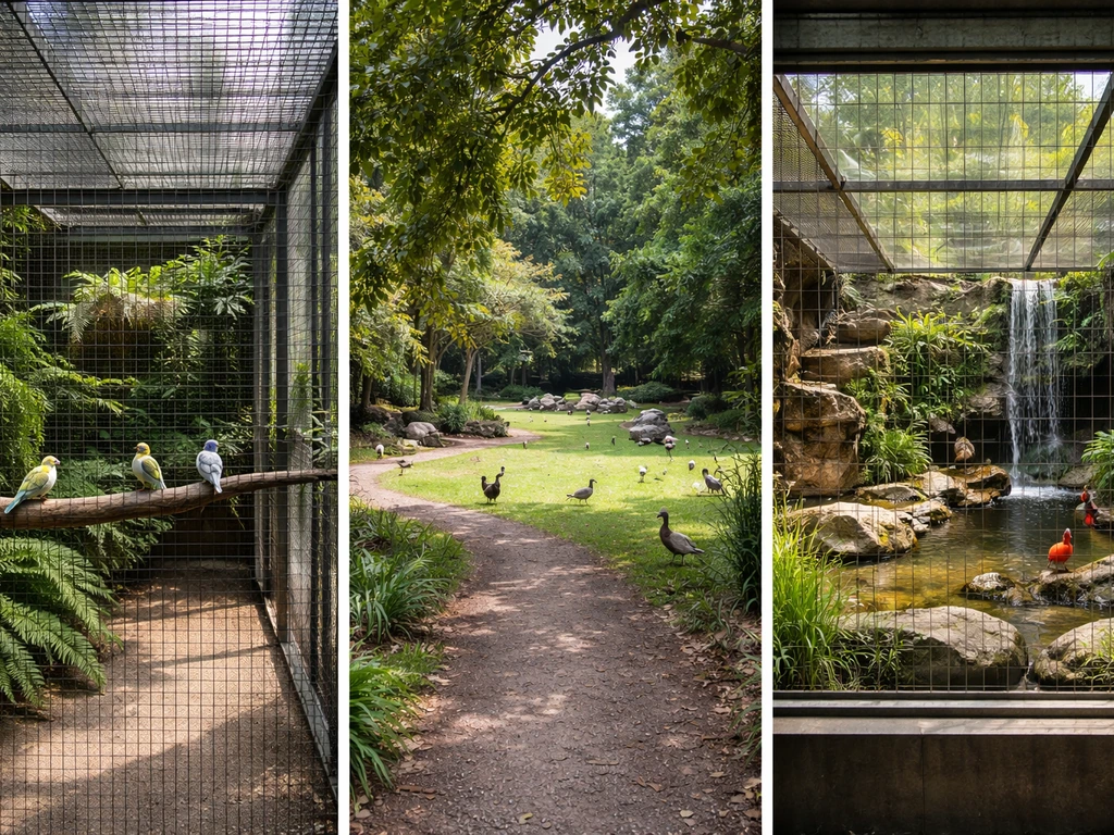 Three contrasting bird-park habitats: aviary mesh enclosure, outdoor sanctuary grounds, and zoo-style glass/bars exhibit