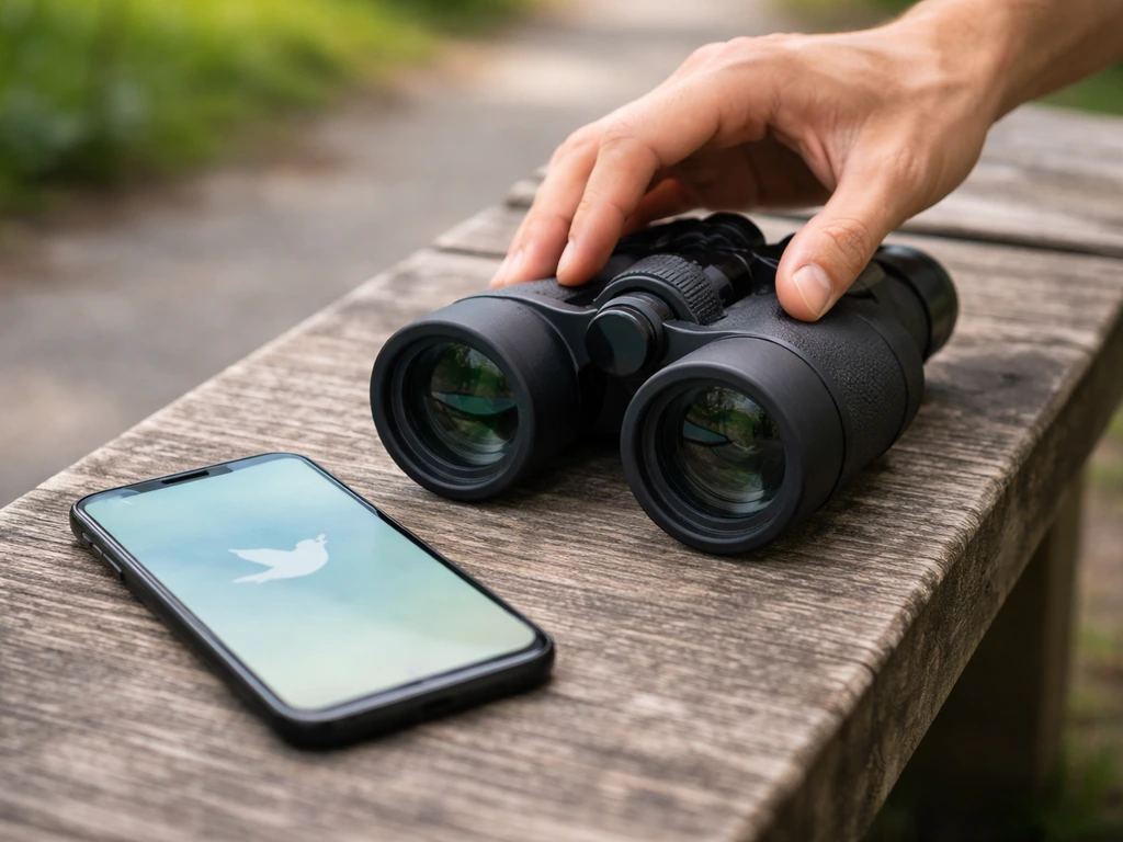 Close-up of binoculars and a phone with a bird ID app, packed for a bird-watching walk.