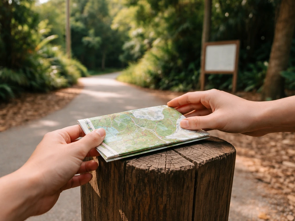 Hand placing a folded park map on a trail-junction/visitor center area in a bird park entrance.