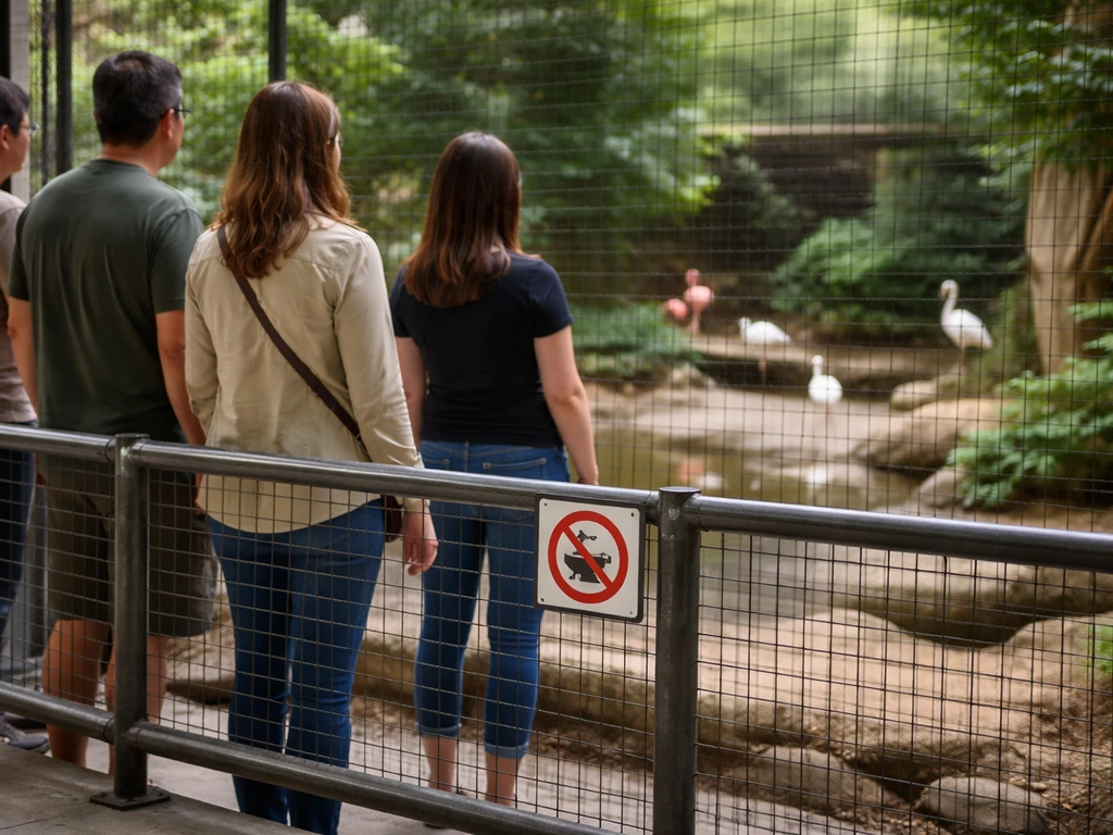 Visitors keeping distance behind a guardrail in a bird exhibit area with clear safety barrier signs