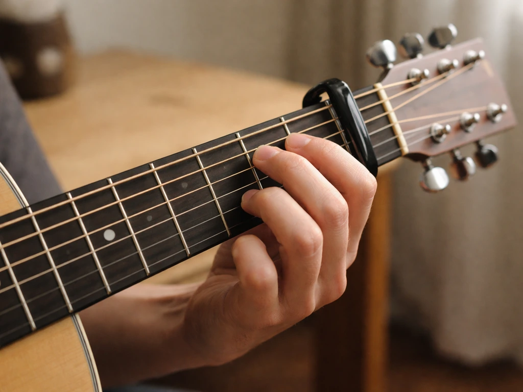 Close-up acoustic guitar with capo on the neck and left hand forming a simple chord shape.