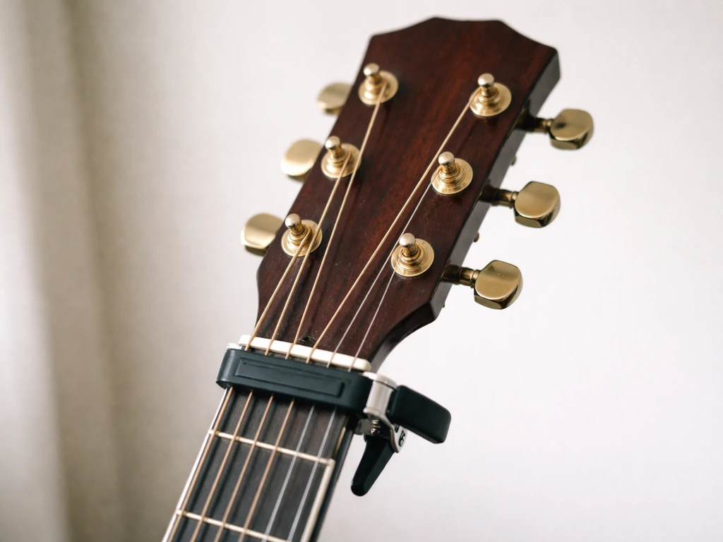 Closeup of guitar headstock with tuning pegs, standard tuning strings and optional capo