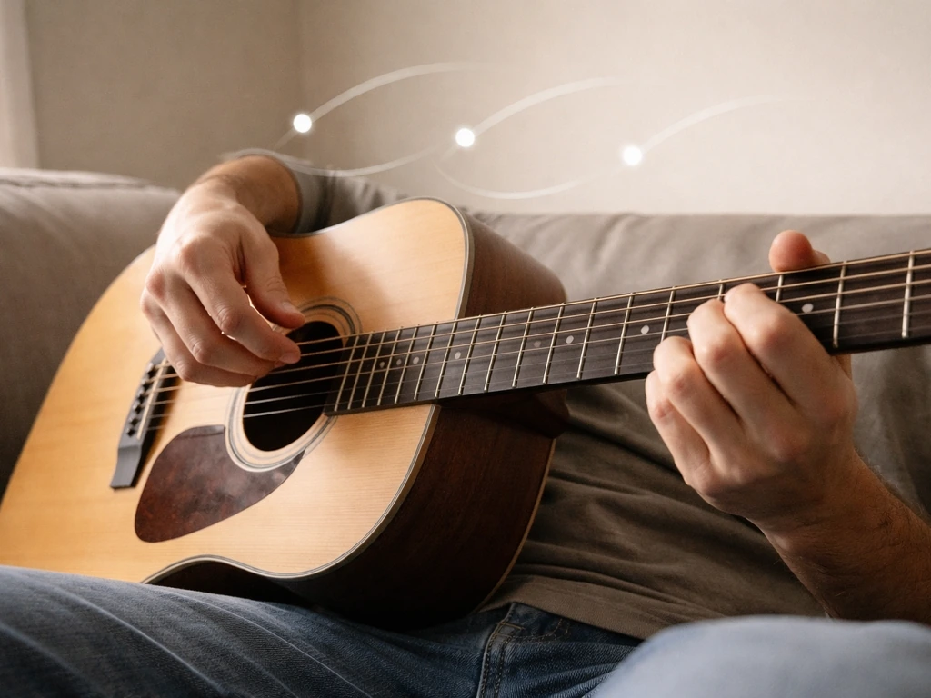 Acoustic guitar in a quiet room as hands strum a simple 3/4 pattern with beat markers