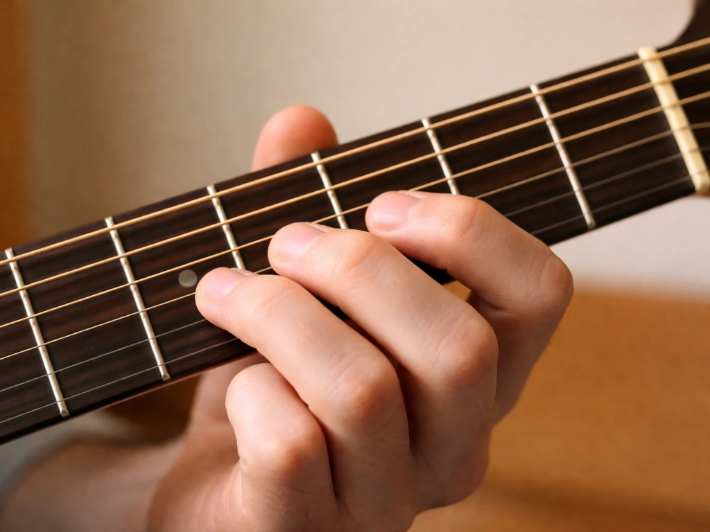 Close-up of a guitarist’s fingers fretting the top strings, highlighting a chord-melody single-note line
