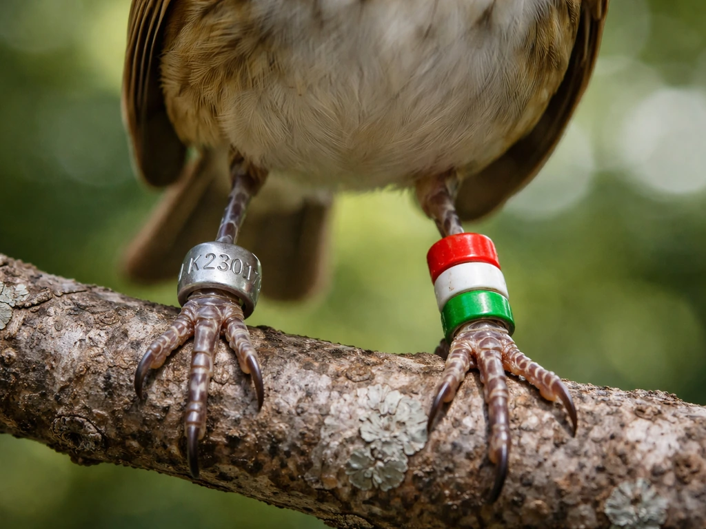 Close-up of a wild bird’s legs with metal leg band and colored auxiliary bands, codes visible