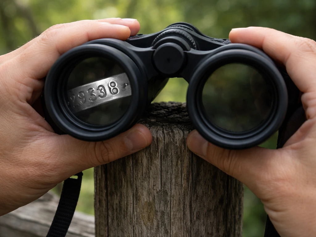 Steady binocular view of a small round metal bird band with faint engraved number/letter marks.