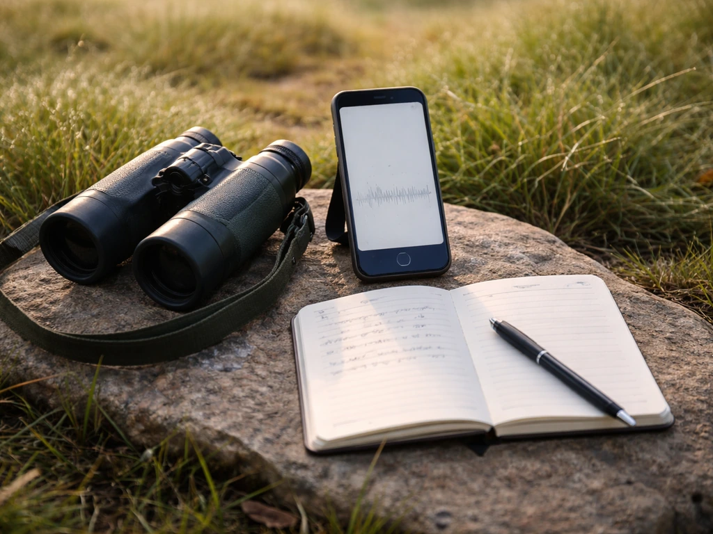 Close-up of binoculars beside a phone showing field-note dictation and a small notebook outdoors.