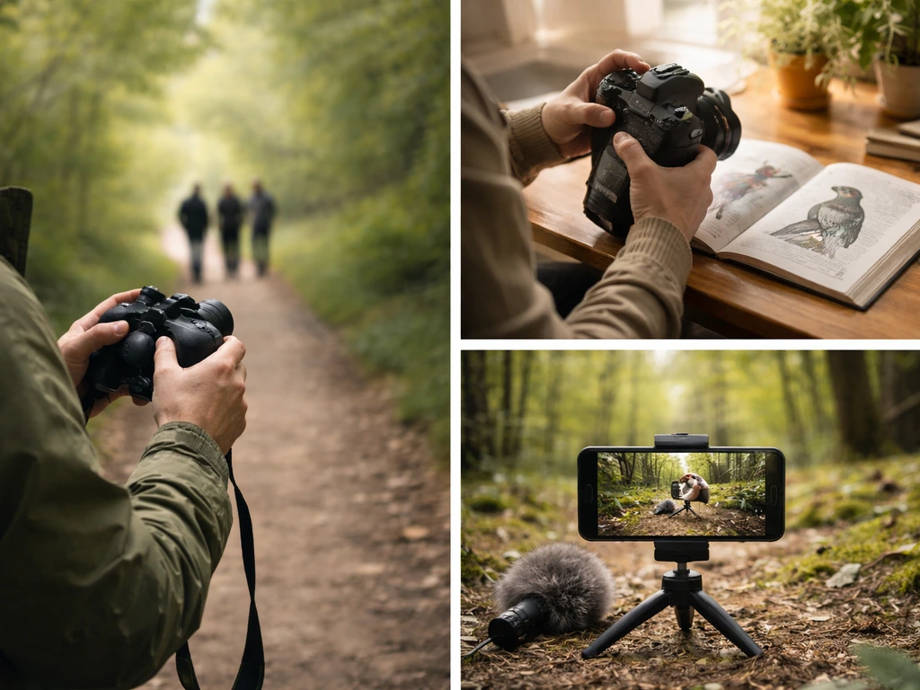 Three realistic birding scenes: binocular tour moment, bird photo workshop, and filming a bird on a phone.