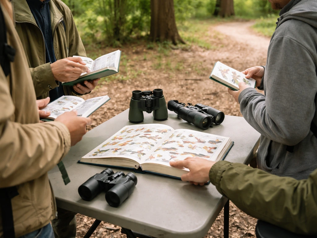 Outdoor birding basics workshop with participants reviewing field guides near a park table.