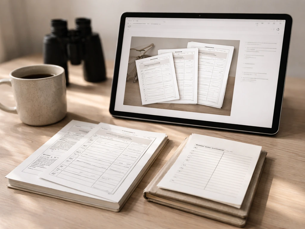 Tablet shows a generic birding guide listing while printable birding checklist pages sit on a desk.