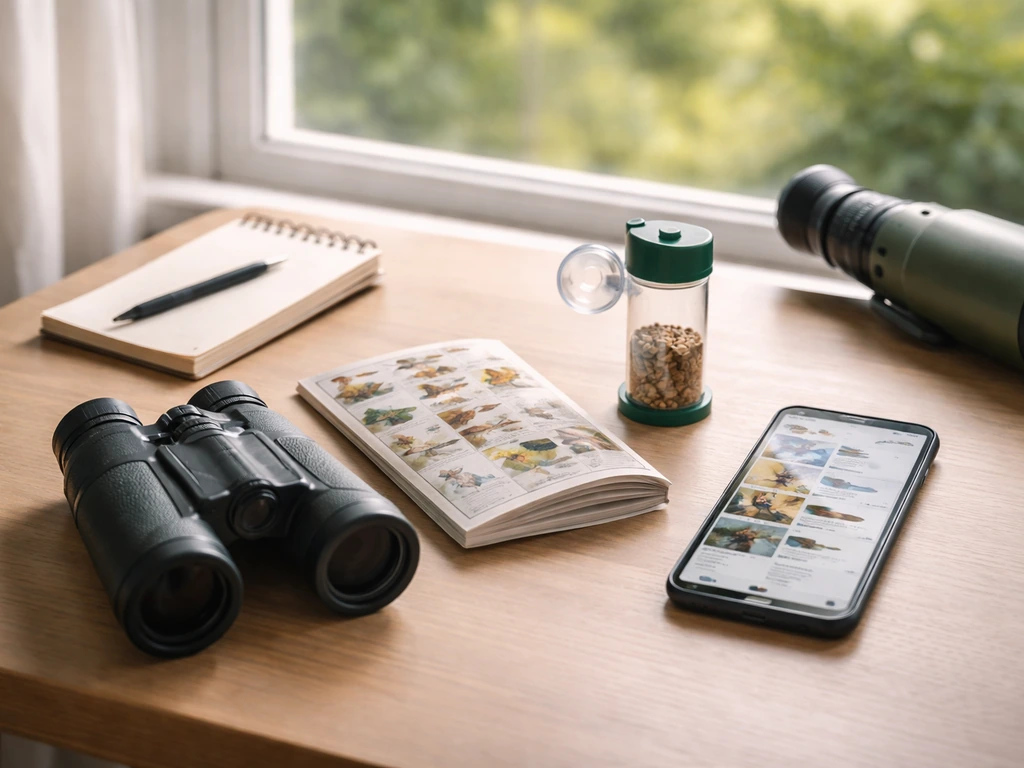 Beginner birding gear spread on a table with binoculars, field guide, feeder, and a phone app open
